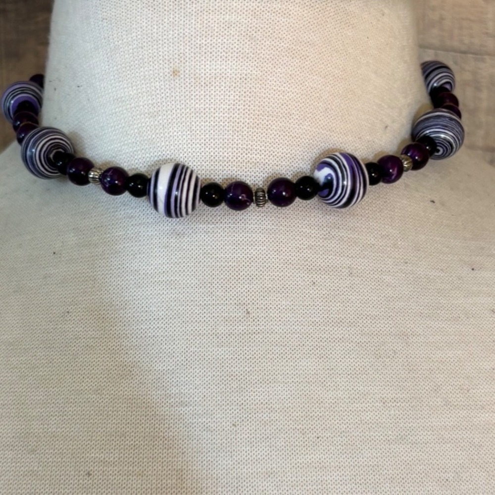 Vintage Purple Striped Beaded Choker Necklace Black White Geometric